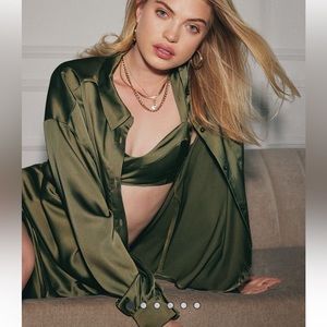 Gorgeous olive green satin blouse/ matching skirt available